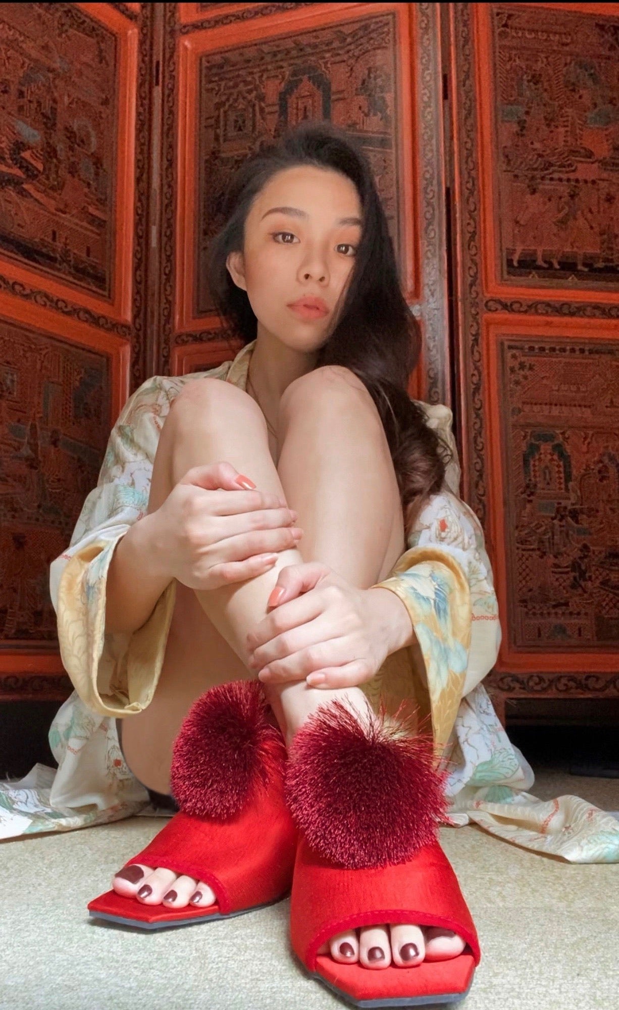 POM POM MID HEELED MULE-RED